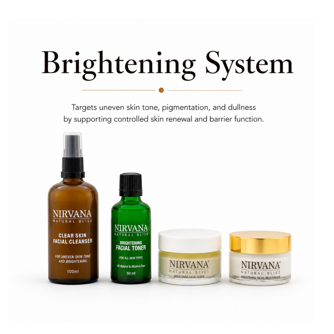 Set of Nirvana Natural Bliss skincare products including scrub cleanser, toner, and moisturizers on a white background