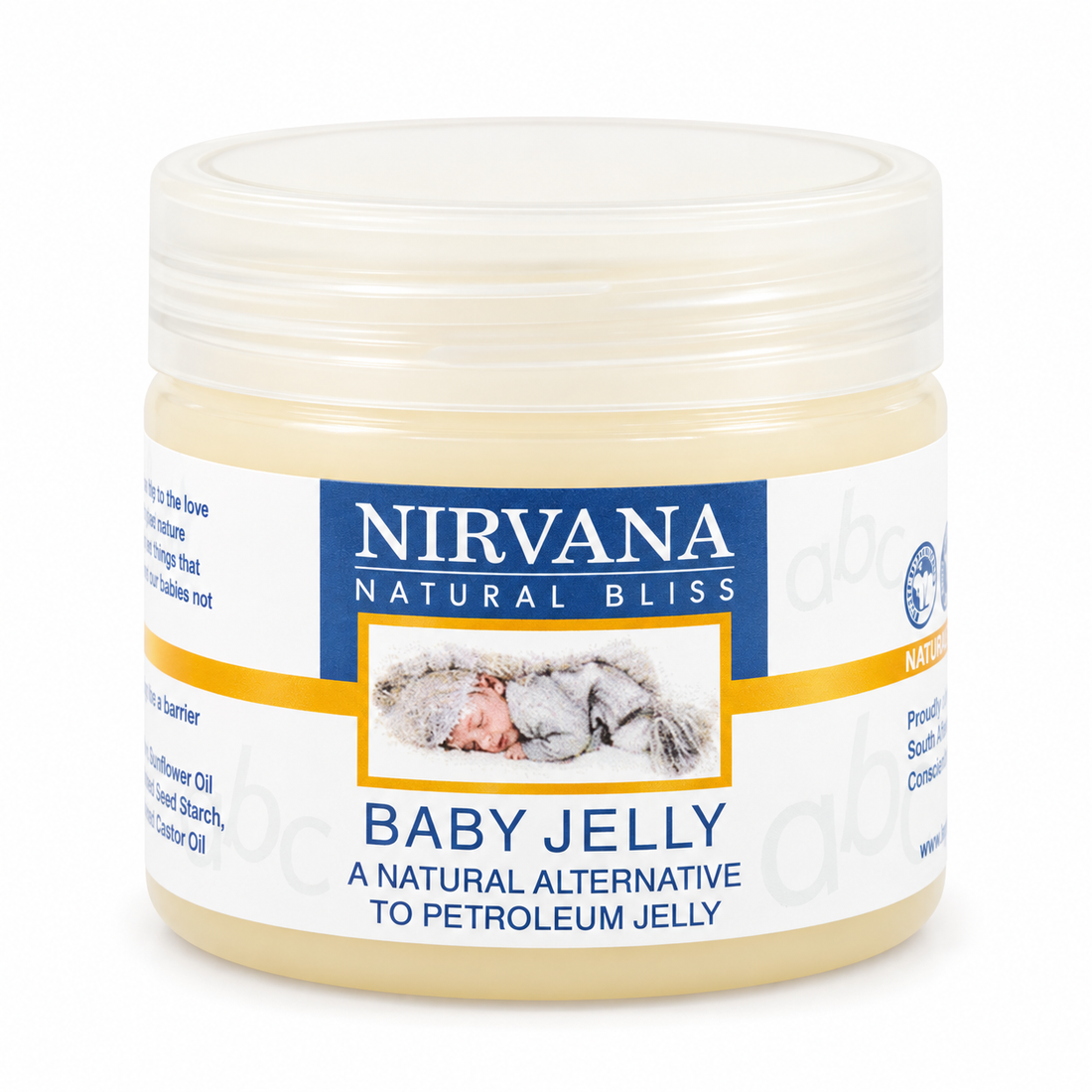 A jar of Nirvana Natural Bliss Baby Jelly, a natural alternative to petroleum jelly, shown on a clean white background.