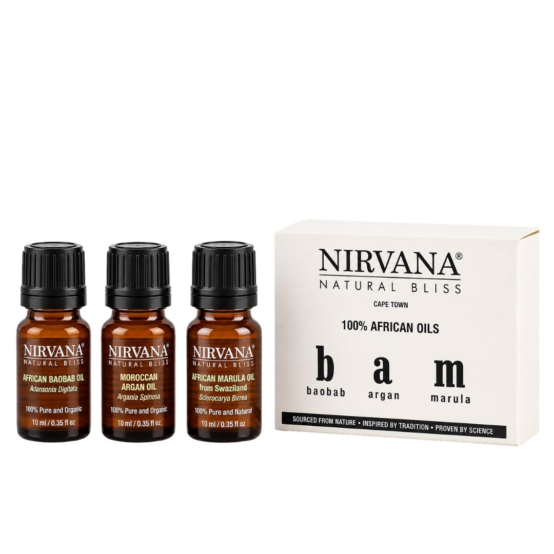 BAM Trio – Pure Baobab, Argan & Marula Oils (3-Piece African Botanical Skin & Hair Care Set) Nirvana Natural Bliss