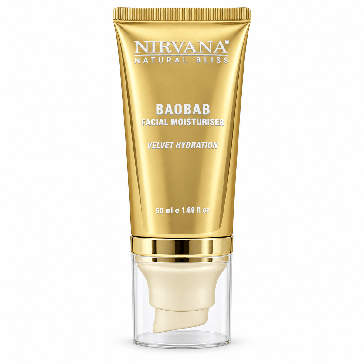 Nirvana Natural Bliss Baobab Facial Moisturiser in a metallic gold squeeze tube with a clear cap showing the cream inside, on a white background.