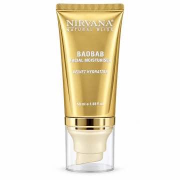Nirvana Natural Bliss Baobab Facial Moisturiser in a metallic gold squeeze tube with a clear cap showing the cream inside, on a white background.
