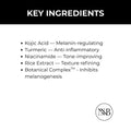 List of key  BRIGHTENING ingredients with their functions on a white background, featuring the NNB logo.