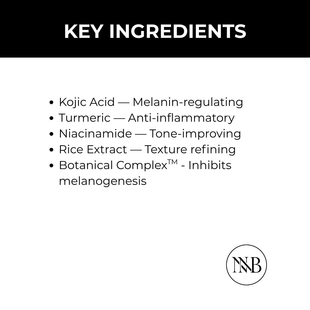 List of key  BRIGHTENING ingredients with their functions on a white background, featuring the NNB logo.