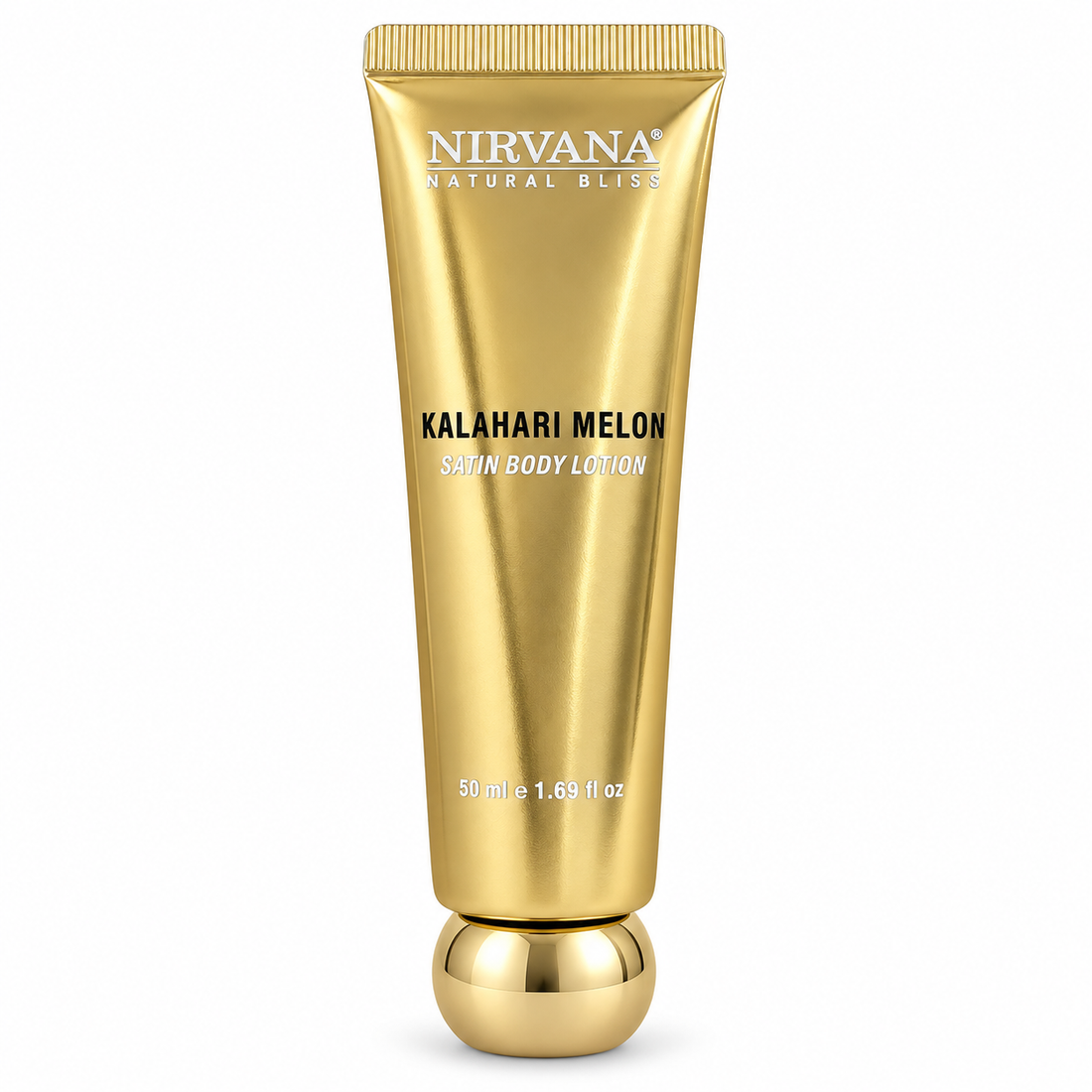 A gold squeeze tube of Nirvana Natural Bliss Kalahari Melon Skin Body Lotion, 50 ml, shown on a solid white background.