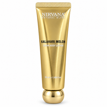 A gold squeeze tube of Nirvana Natural Bliss Kalahari Melon Skin Body Lotion, 50 ml, shown on a solid white background.