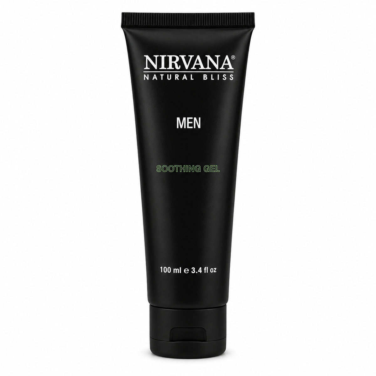 Nirvana Natural Bliss Men Soothing Gel in a black squeeze tube with white and green text, shown on a plain white background.