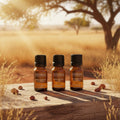 Three bottles of Nirvana Essential Oils on a wooden surface with a natural landscape background.