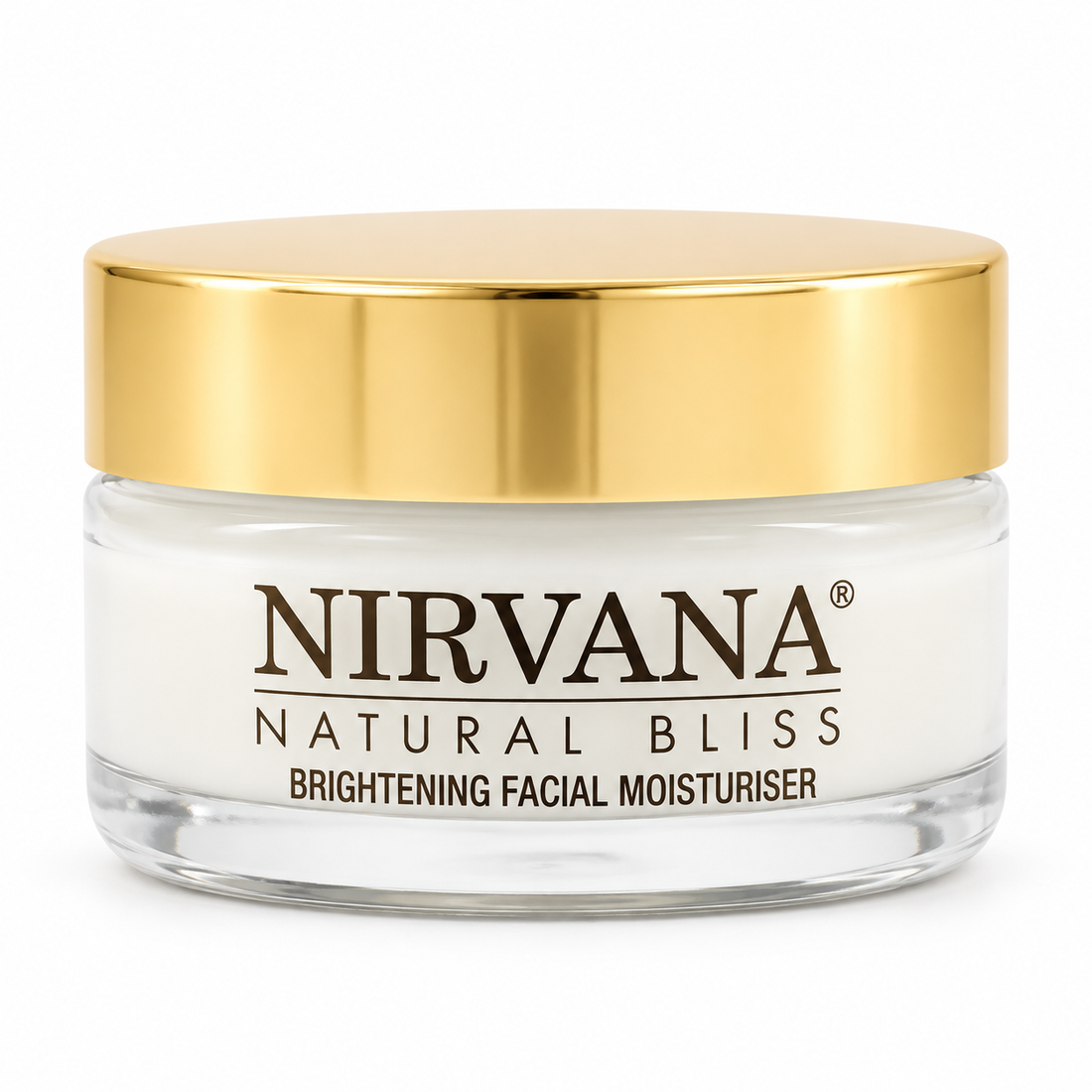 A brightening moisturiser in a glass jar with a gold lid 