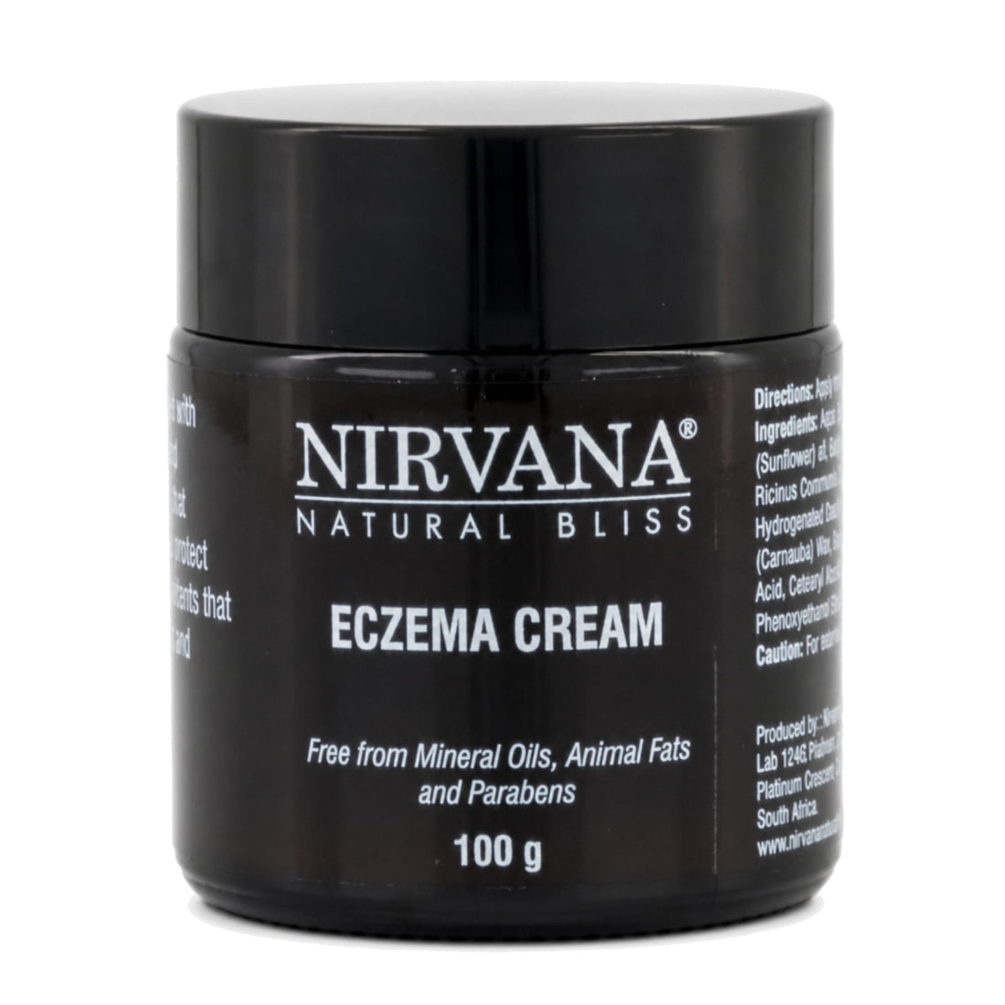 A brown glass  jar of Nirvana Natural Bliss Eczema Cream, 100g, on a plain white background.