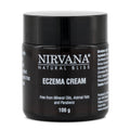 A brown glass  jar of Nirvana Natural Bliss Eczema Cream, 100g, on a plain white background.