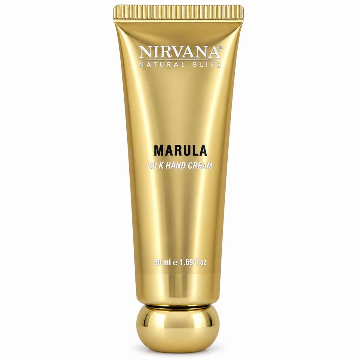 A 50ml gold tube with Nirvana Natural Bliss Marula Silk Hand Cream 