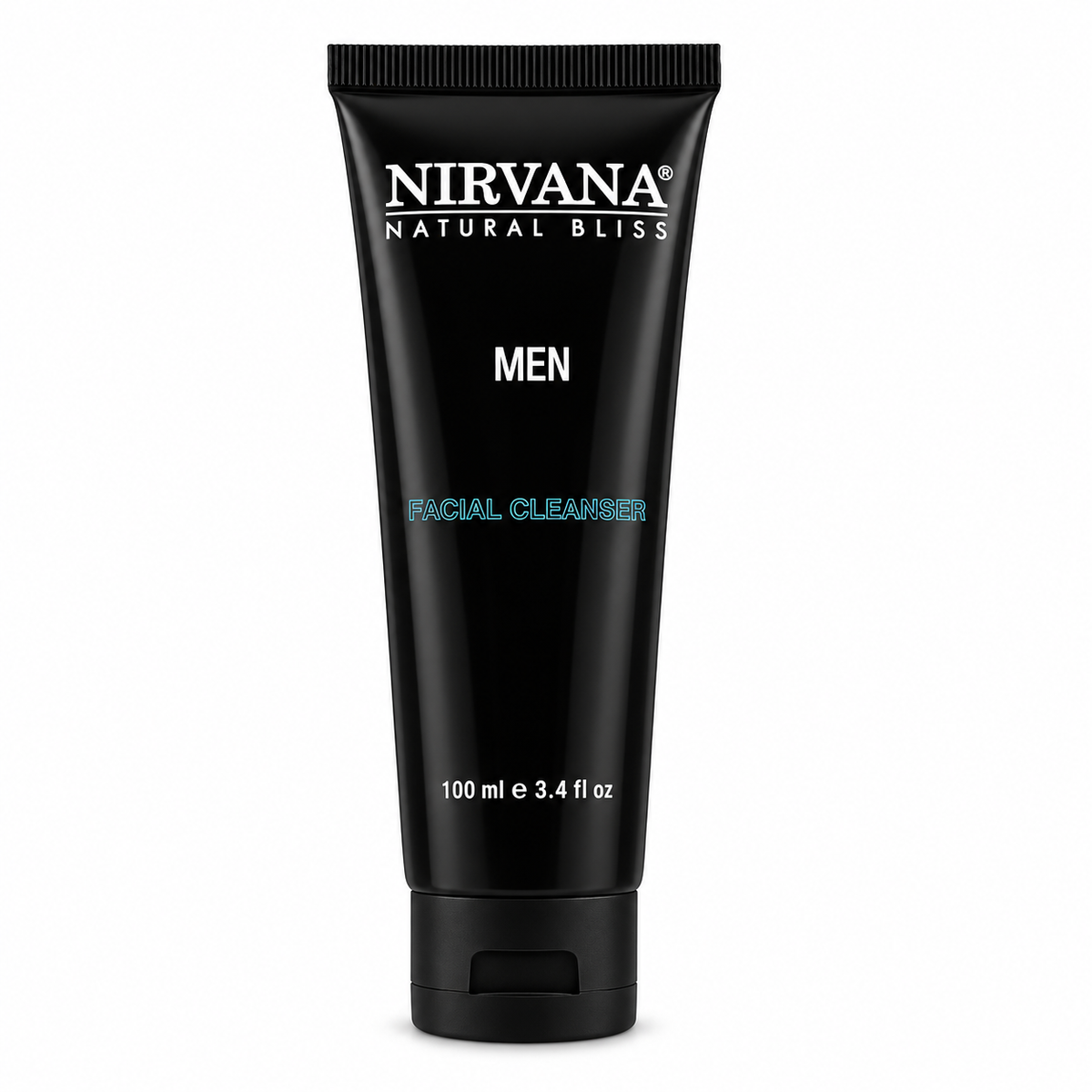 A black 100ml tube with Nirvana Natural Bliss Men’s  Facial Cleanser 