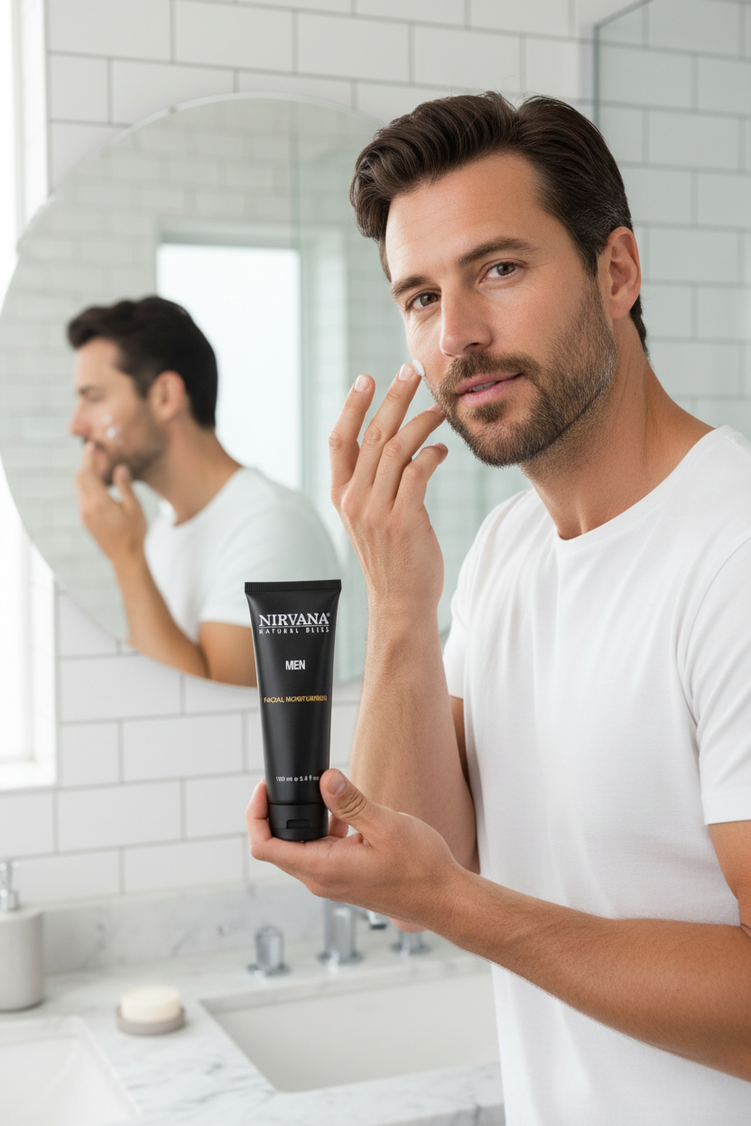 A black 100ml tube with Nirvana Natural Bliss Facial Moisturiser 