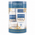 Nirvana Natural Bliss premium baby skincare gift set in a cylindrical blue and white container, containing a bottle of baby astringent lotion, a tube of baby aqueous lotion, and a small jar of cream.