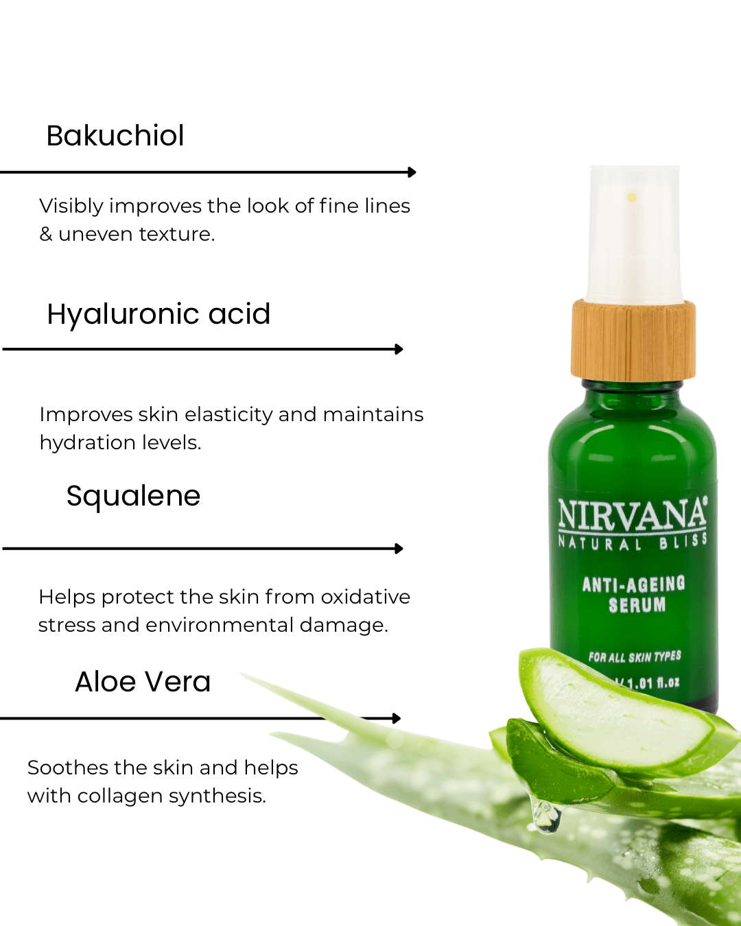 Anti - Ageing Serum with Bakuchiol, Hyaluronic Acid & Squalene – Retinol Alternative for Fine Lines, Wrinkles & Uneven Skin Tone – Firming & Hydrating | Nirvana Natural Bliss - Nirvana Natural Bliss Luxury Skincare