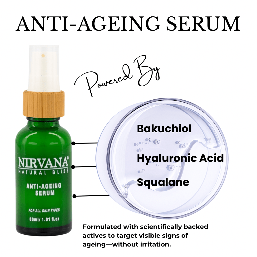 Anti - Ageing Serum with Bakuchiol, Hyaluronic Acid & Squalene – Retinol Alternative for Fine Lines, Wrinkles & Uneven Skin Tone – Firming & Hydrating | Nirvana Natural Bliss - Nirvana Natural Bliss Luxury Skincare