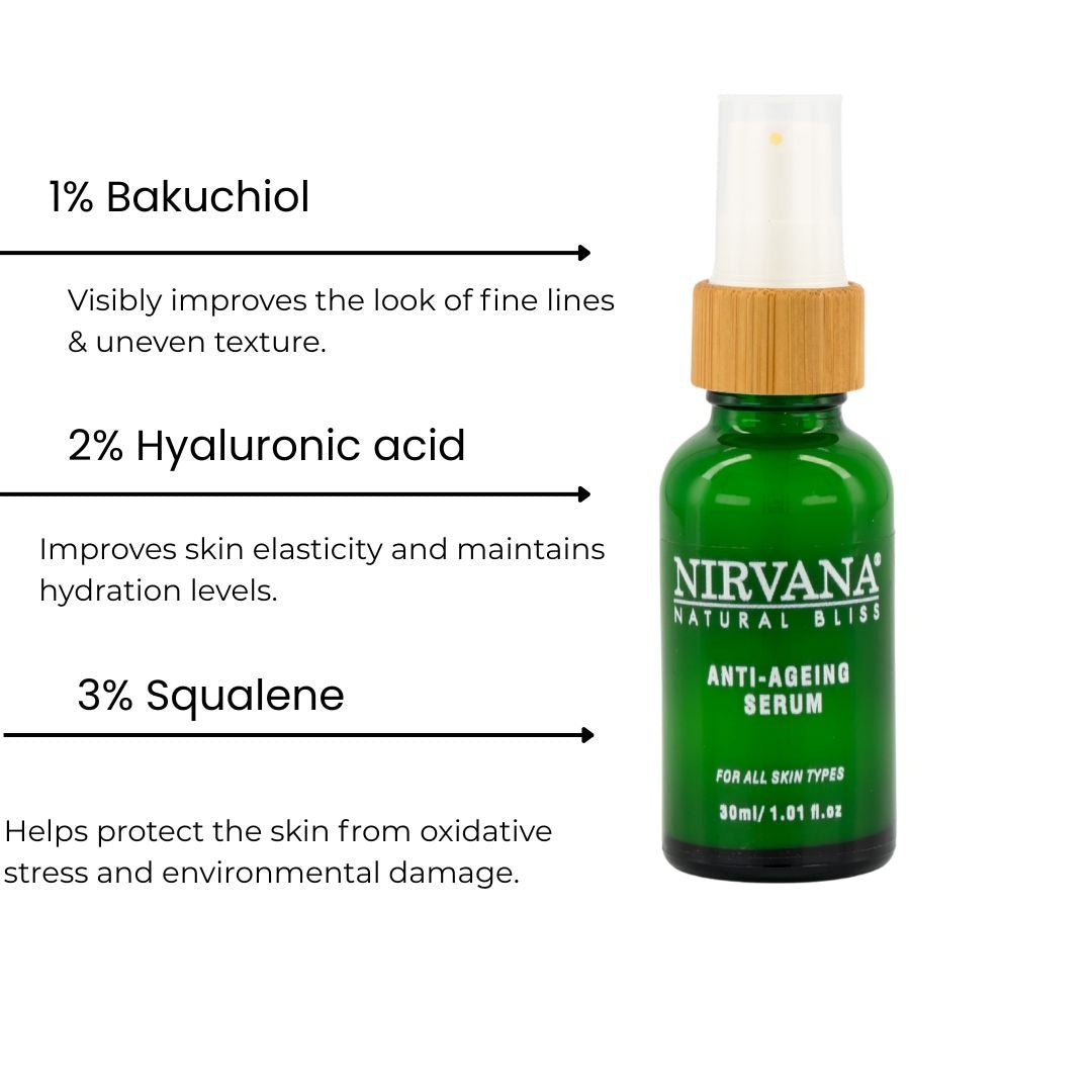 Anti - Ageing Serum with Bakuchiol, Hyaluronic Acid & Squalene – Retinol Alternative for Fine Lines, Wrinkles & Uneven Skin Tone – Firming & Hydrating | Nirvana Natural Bliss - Nirvana Natural Bliss Luxury Skincare