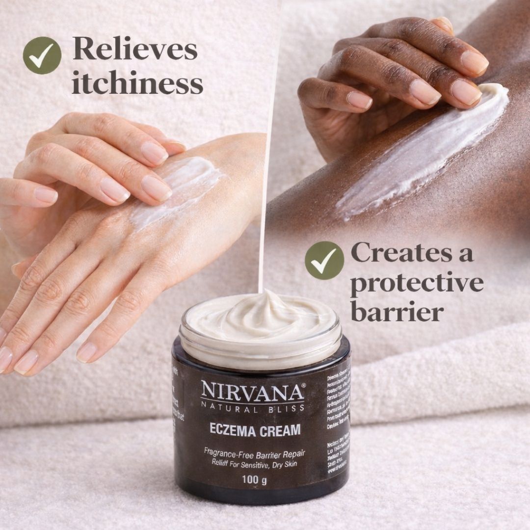 Nirvana Eczema Cream jar with hands applying cream and text highlighting benefits