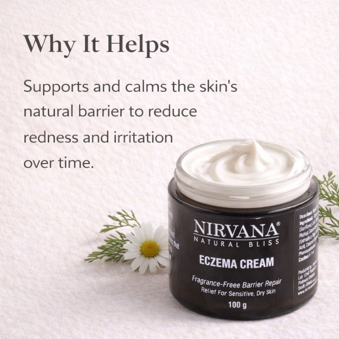 Nirvana Eczema Cream jar with text explaining its benefits on a light background