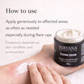 Nirvana Eczema Cream being applied to a hand with text on how to use it.