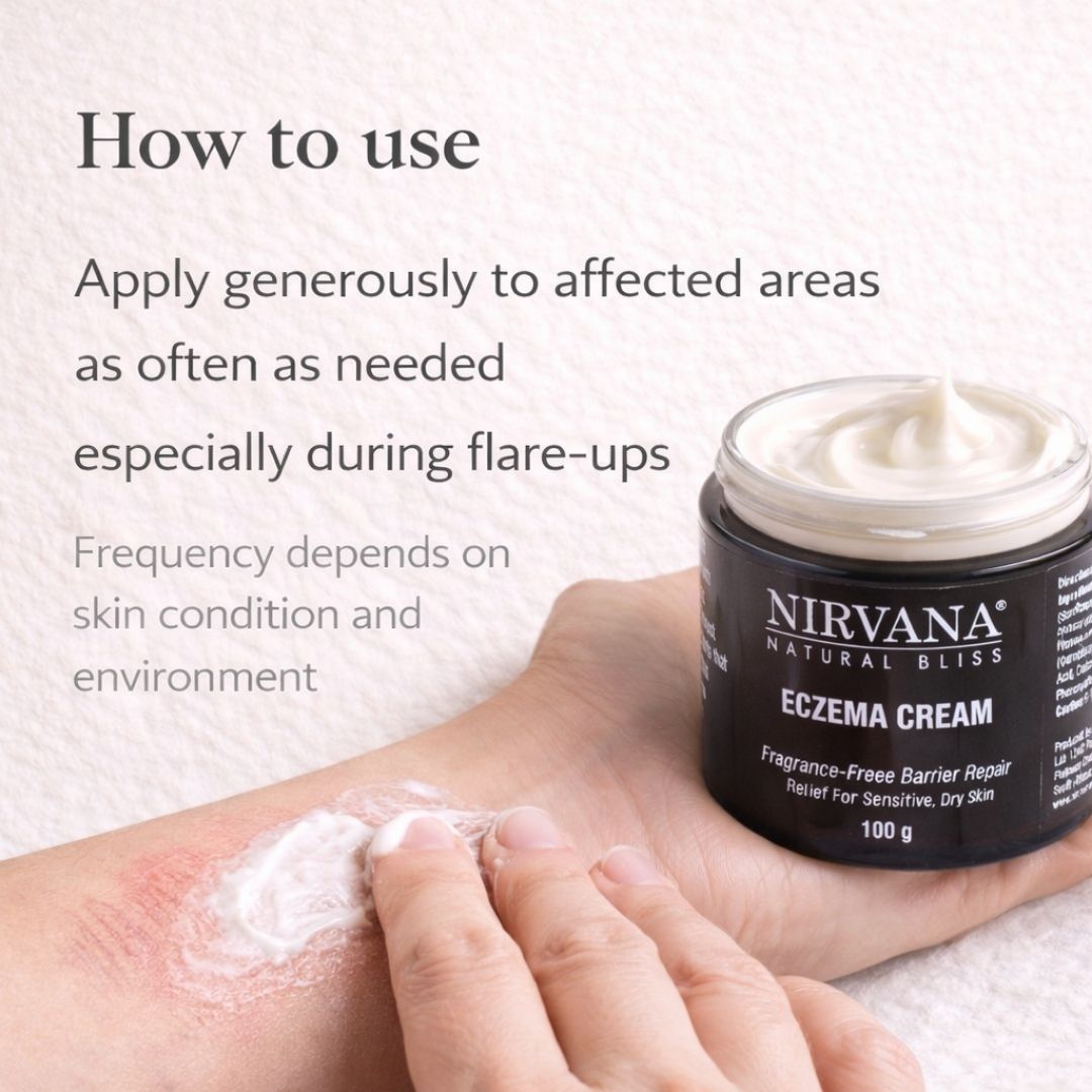 Nirvana Eczema Cream being applied to a hand with text on how to use it.