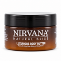 A jar of Nirvana Natural Bliss Luxurious Body Butter, featuring an amber-brown jar and a black lid, on a clean white background.