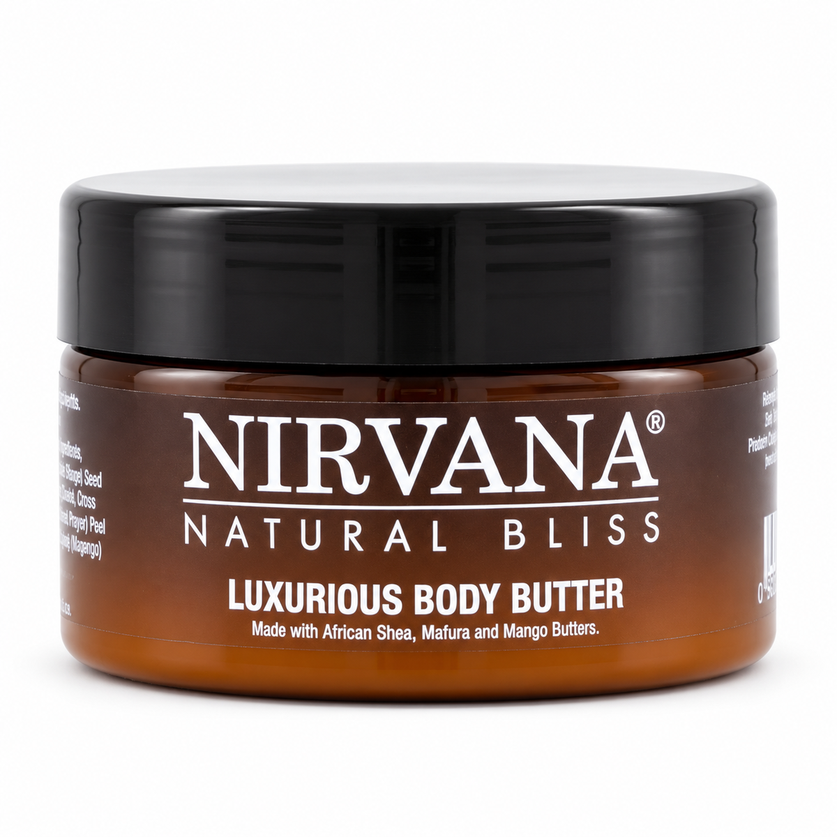 A jar of Nirvana Natural Bliss Luxurious Body Butter, featuring an amber-brown jar and a black lid, on a clean white background.