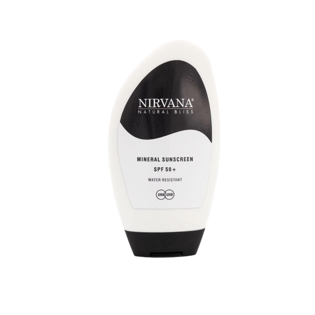 Nirvana Natural Bliss mineral sunscreen bottle on a white background
