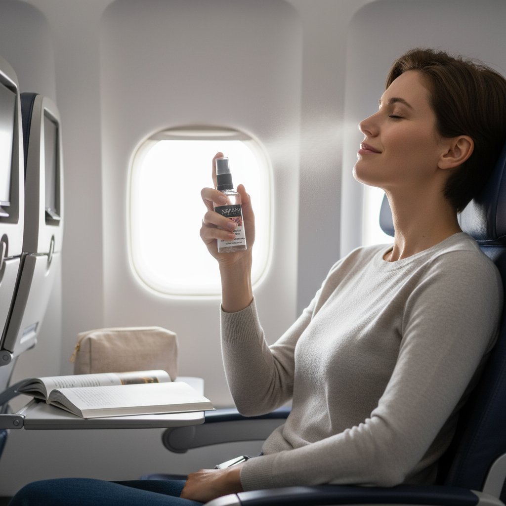 Woman on an airplane holding a bottle of Rose Water Facial Mist.