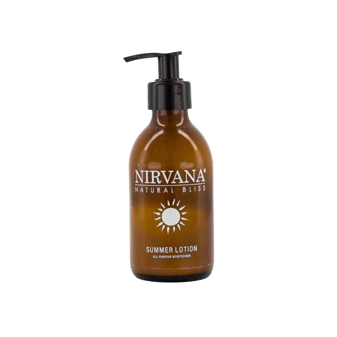 Brown lotion bottle with black pump labeled 'Nirvana Natural Bliss' on a white background